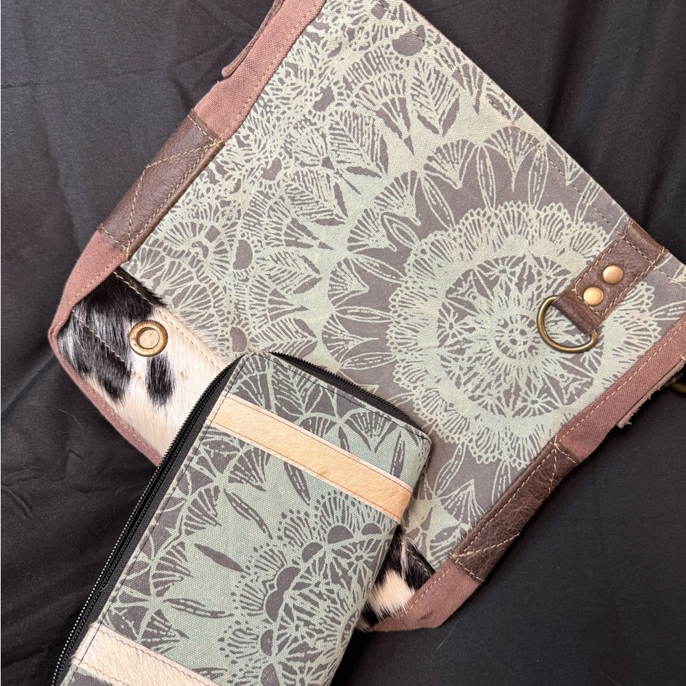 Myra Bag Teal and black Canvas Tote with Cream Lining with matching wallet
